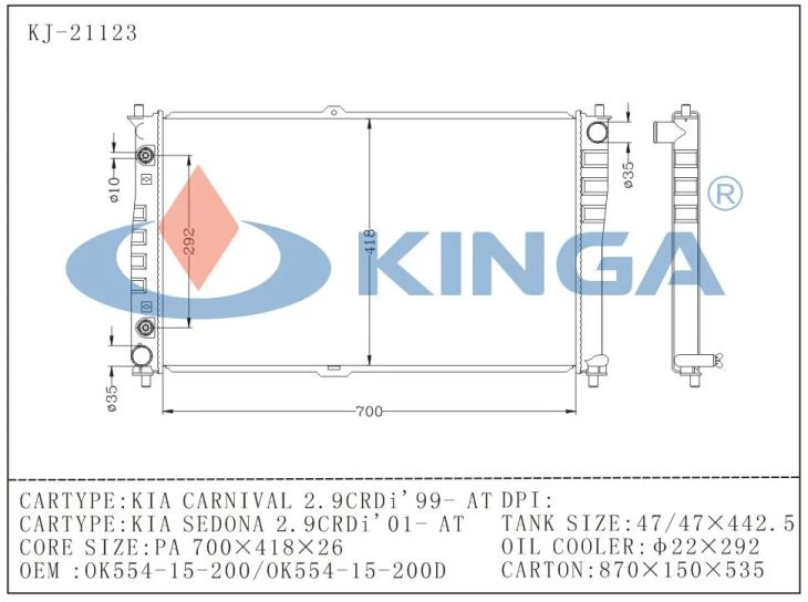 Car Radiator For Hyundai KIA Carnival 2.9crdi 1999-